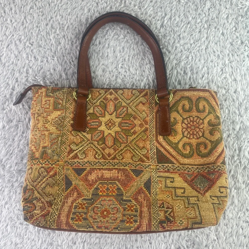 Fossil Satchel Bag Womens Medium Brown Vintage Kilim Tapestry Leather Trim